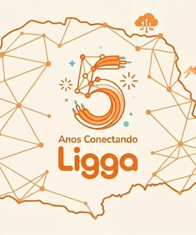 Ilustração comemorativa dos 5 anos da Ligga com o mapa do Paraná conectado por fibras ópticas e elementos em laranja, representando a expansão da empresa e a transformação digital nos 399 municípios