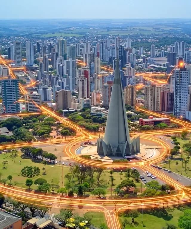 Uma impressionante vista aérea da Catedral cônica de Maringá em uma praça circular, com uma rede futurista de linhas de luz laranja traçando as ruas e conectando o horizonte de arranha-céus, simbolizando a conectividade de dados de uma cidade inteligente.