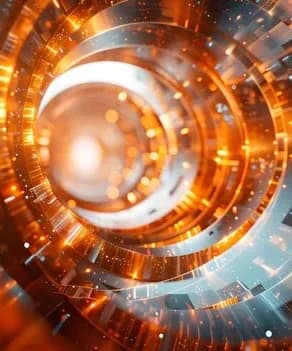 Arte digital abstrata em 3D mostrando o interior de um túnel tecnológico com anéis concêntricos brilhantes em tons de laranja, dourado e azul, com partículas de luz e faíscas criando um efeito de velocidade e inovação futurista. Redes de Alta Velocidade: 12 benefícios para sua empresa