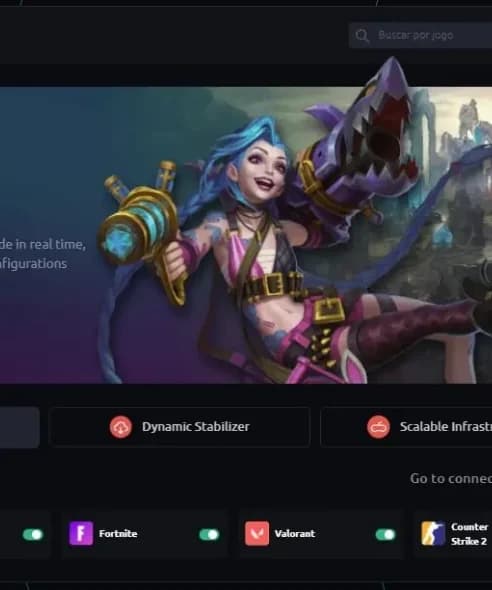 Interface do software ExitLag mostrando o painel principal com o recurso A.I. Route Optimizer ativado e uma lista de jogos otimizados como League of Legends, Fortnite, Valorant e Counter-Strike 2.